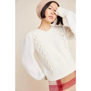 Anthropologie Elizabeth Pointelle Wool Sweater / Medium / Ivory Lambswool